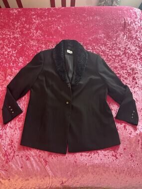 Emily Black Blazer Vintage Faux Fur Collar Detachable Women's 18W Pinstripe